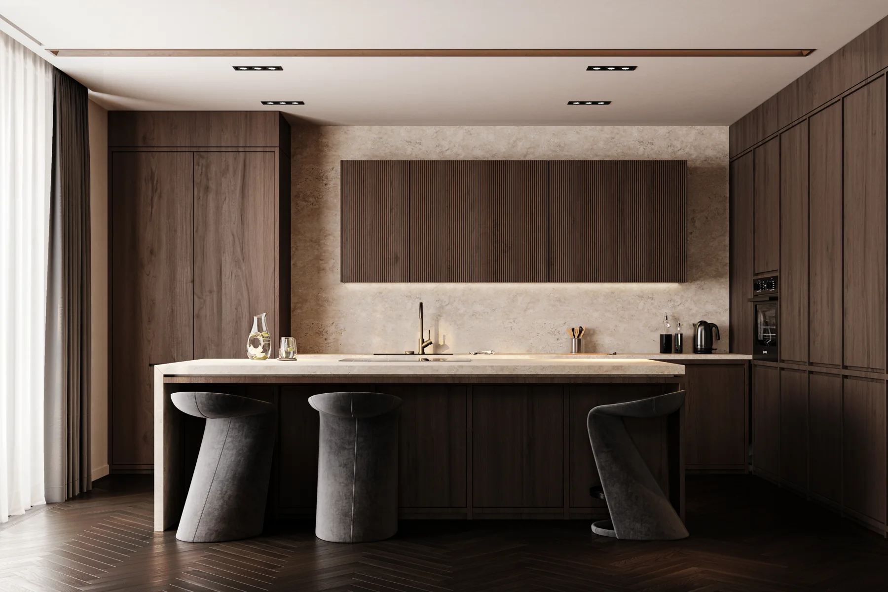 Private Residence — Living, Dining & Kitchen, kitchen design visualization 1