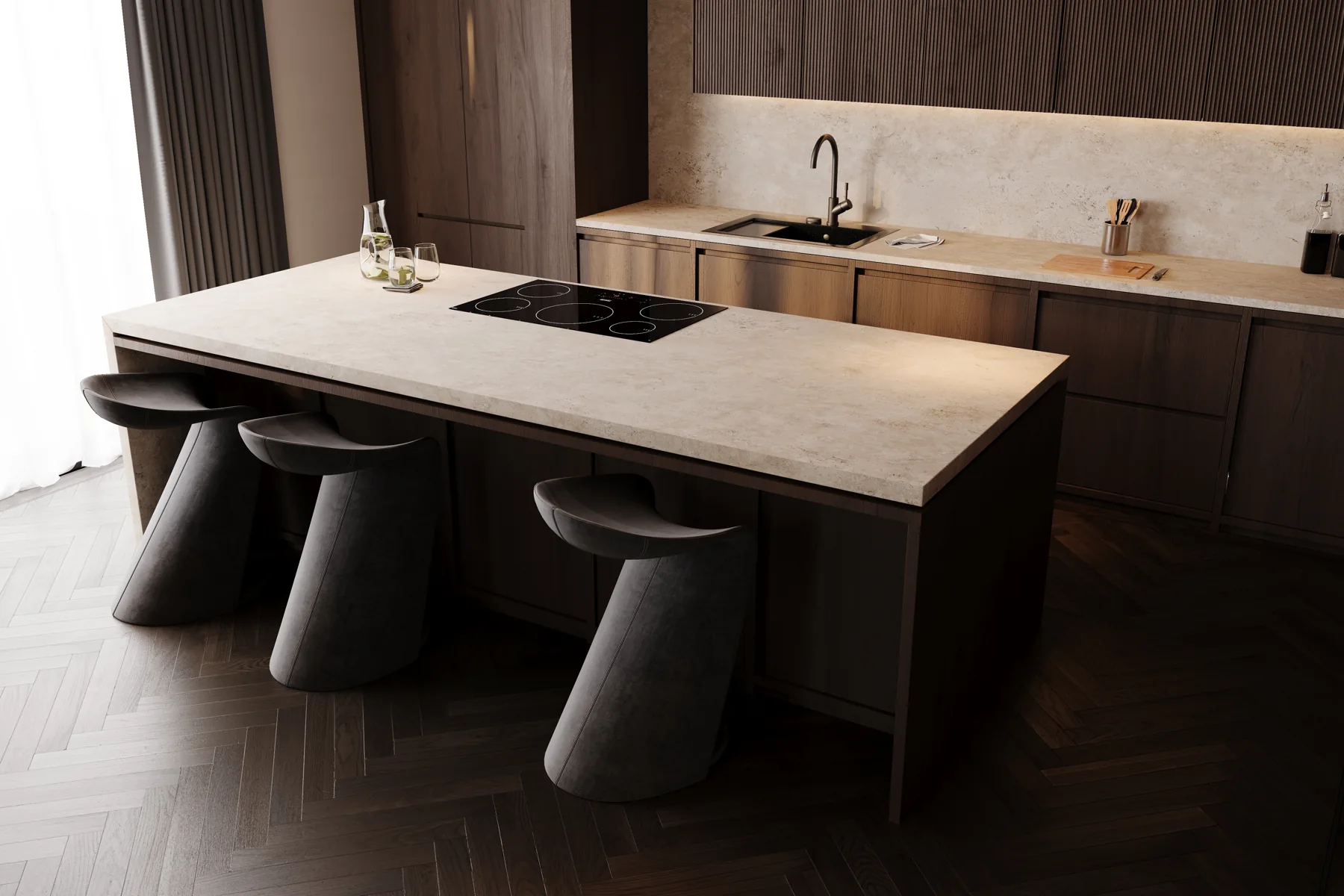 Private Residence — Living, Dining & Kitchen, kitchen design visualization 2