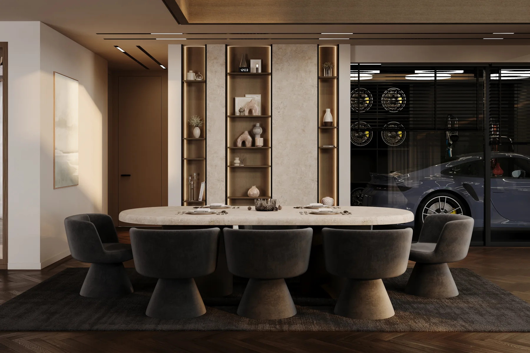 Private Residence — Living, Dining & Kitchen, dining area design visualization 8
